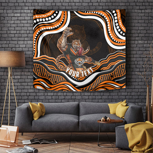 Personalized Wests Tigers Rugby Tapestry Aboriginal Dot Art - Dreamtime Rugby Mascot