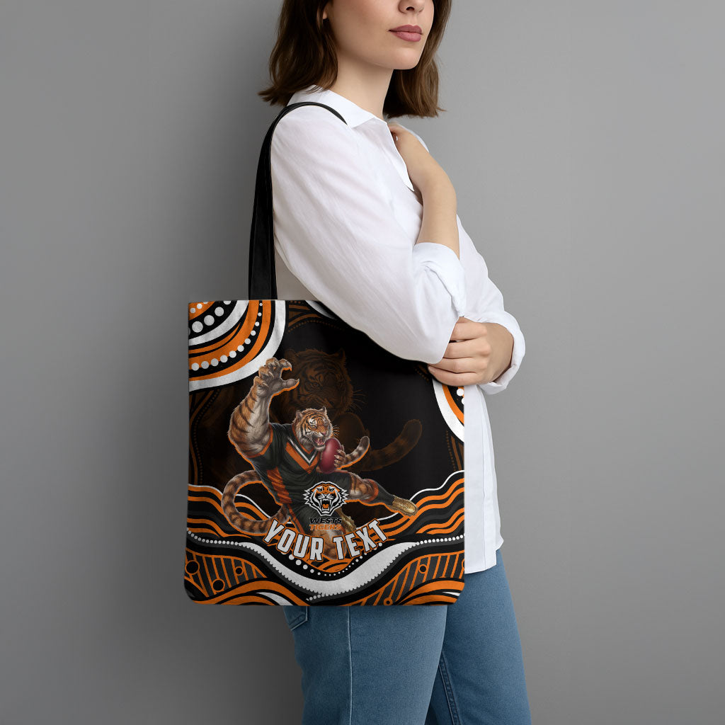 Personalized Wests Tigers Rugby Tote Bag Aboriginal Dot Art - Dreamtime Rugby Mascot