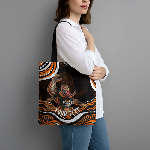 Personalized Wests Tigers Rugby Tote Bag Aboriginal Dot Art - Dreamtime Rugby Mascot