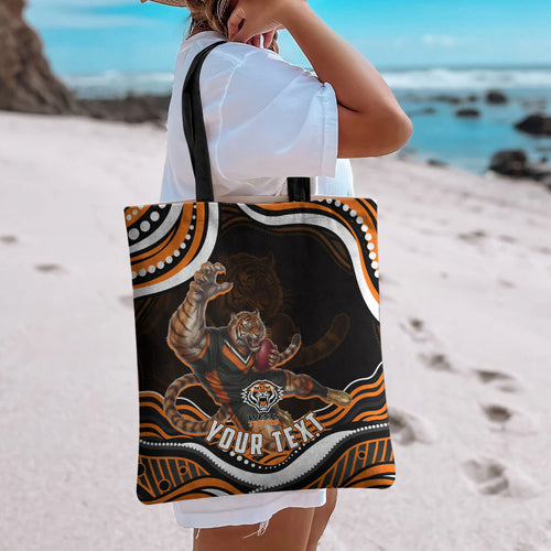 Personalized Wests Tigers Rugby Tote Bag Aboriginal Dot Art - Dreamtime Rugby Mascot