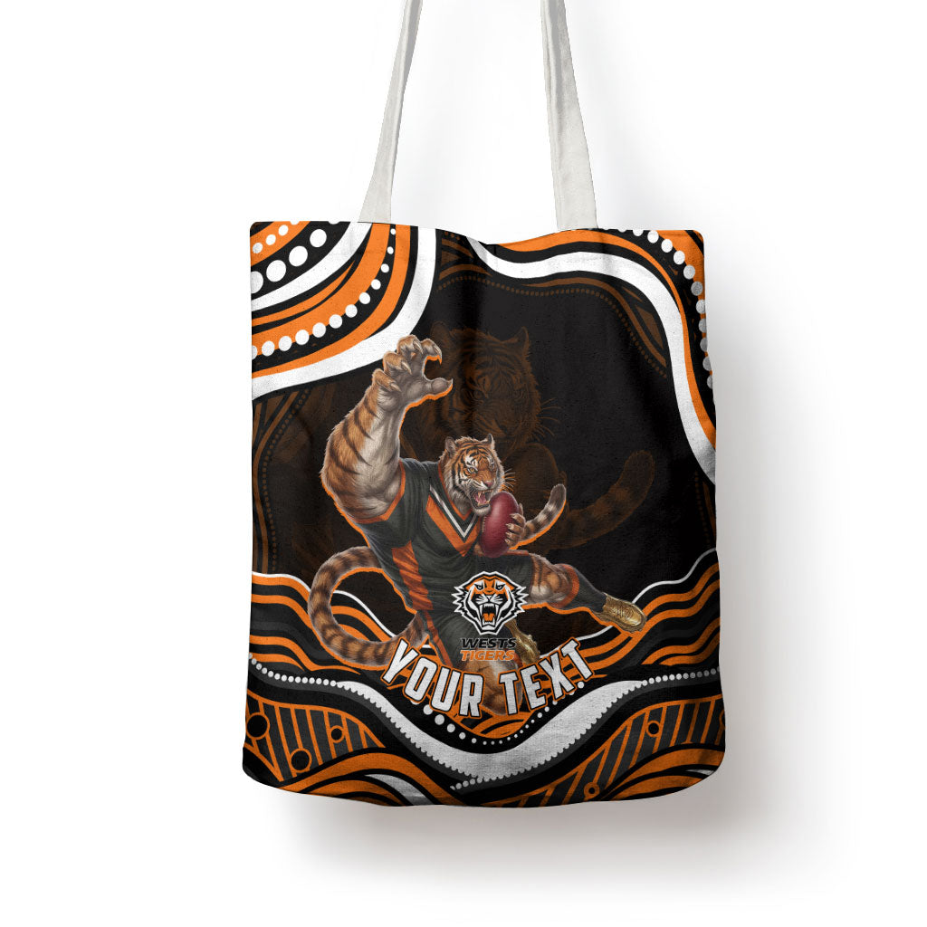 Personalized Wests Tigers Rugby Tote Bag Aboriginal Dot Art - Dreamtime Rugby Mascot