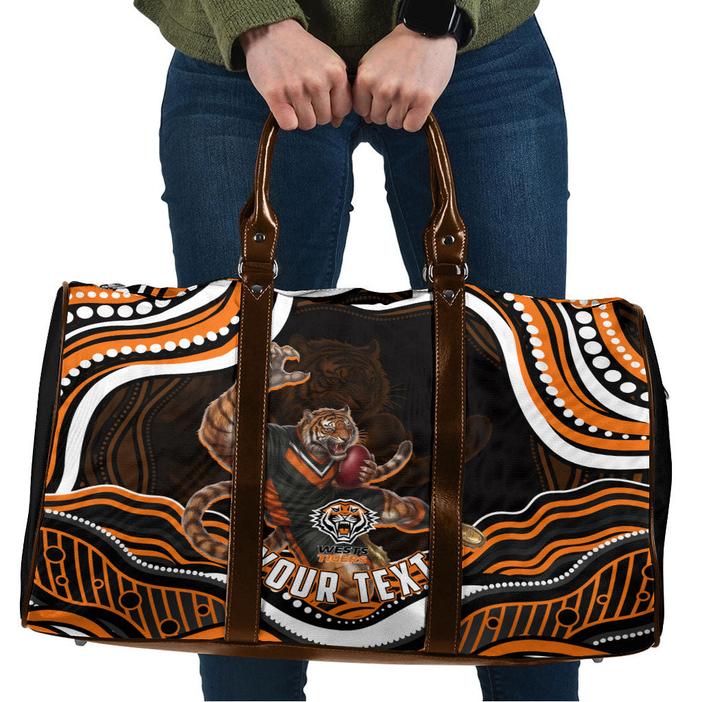 Personalized Wests Tigers Rugby Travel Bag Aboriginal Dot Art - Dreamtime Rugby Mascot