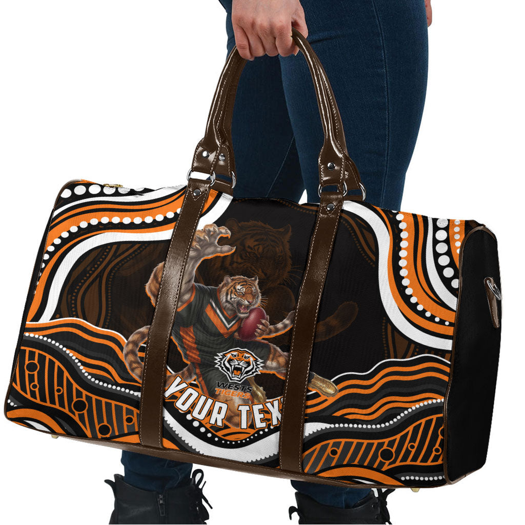Personalized Wests Tigers Rugby Travel Bag Aboriginal Dot Art - Dreamtime Rugby Mascot