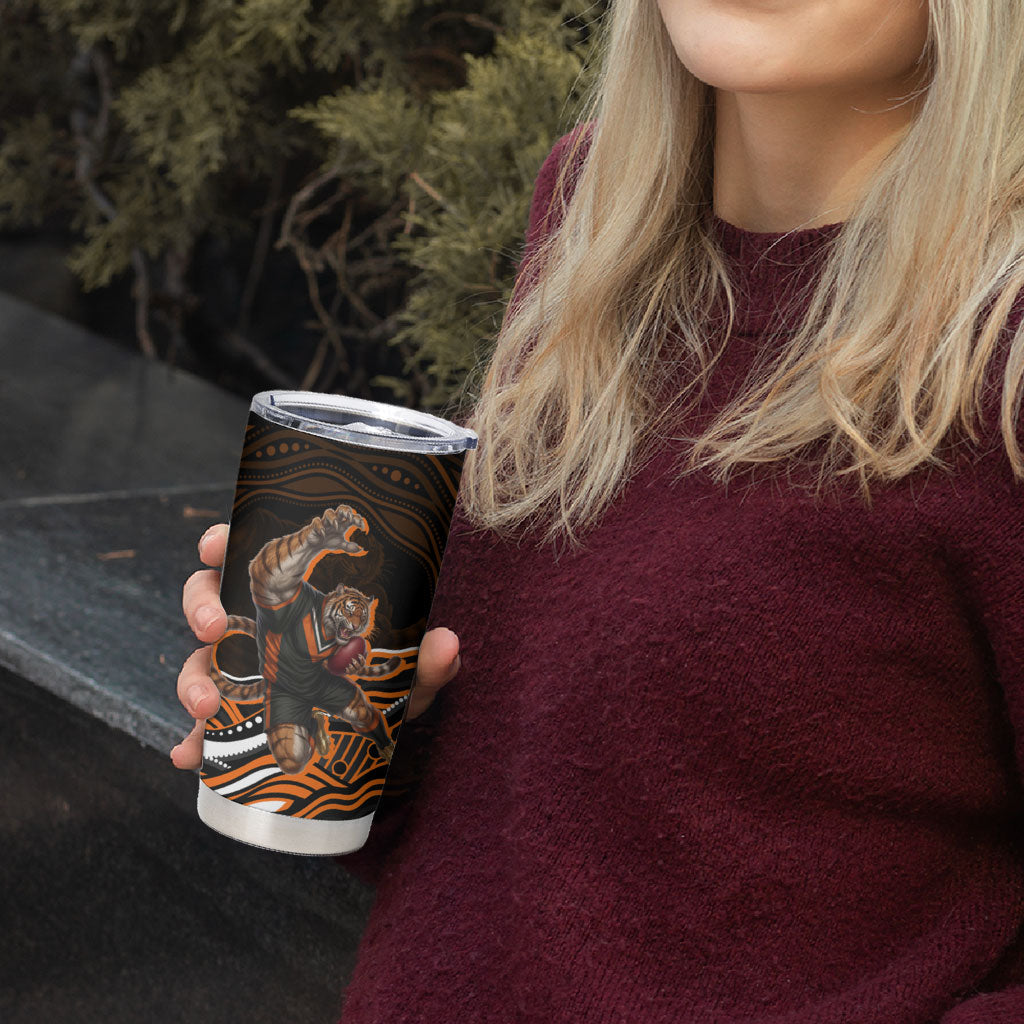Personalized Wests Tigers Rugby Tumbler Cup Aboriginal Dot Art - Dreamtime Rugby Mascot