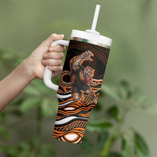 Personalized Wests Tigers Rugby Tumbler With Handle Aboriginal Dot Art - Dreamtime Rugby Mascot