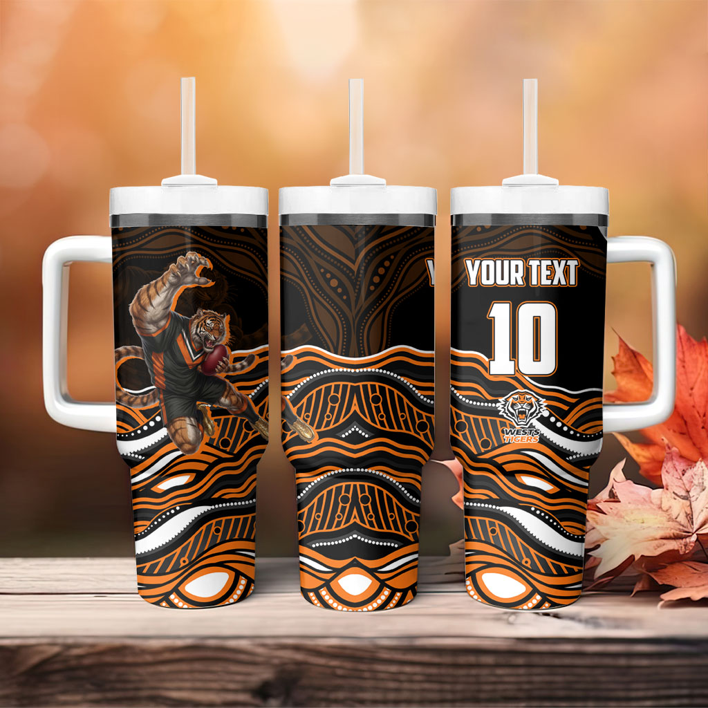 Personalized Wests Tigers Rugby Tumbler With Handle Aboriginal Dot Art - Dreamtime Rugby Mascot
