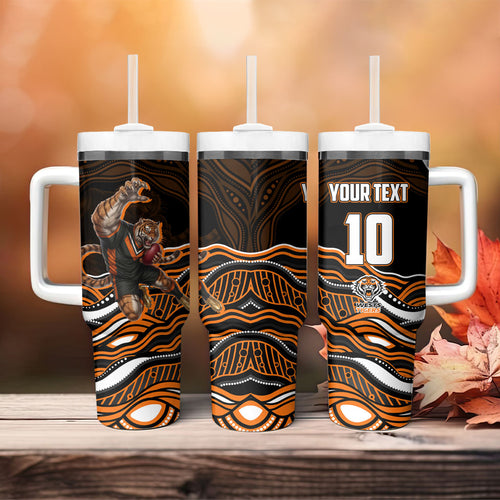 Personalized Wests Tigers Rugby Tumbler With Handle Aboriginal Dot Art - Dreamtime Rugby Mascot