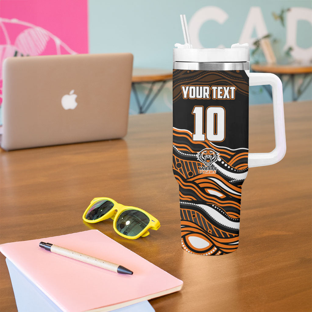 Personalized Wests Tigers Rugby Tumbler With Handle Aboriginal Dot Art - Dreamtime Rugby Mascot
