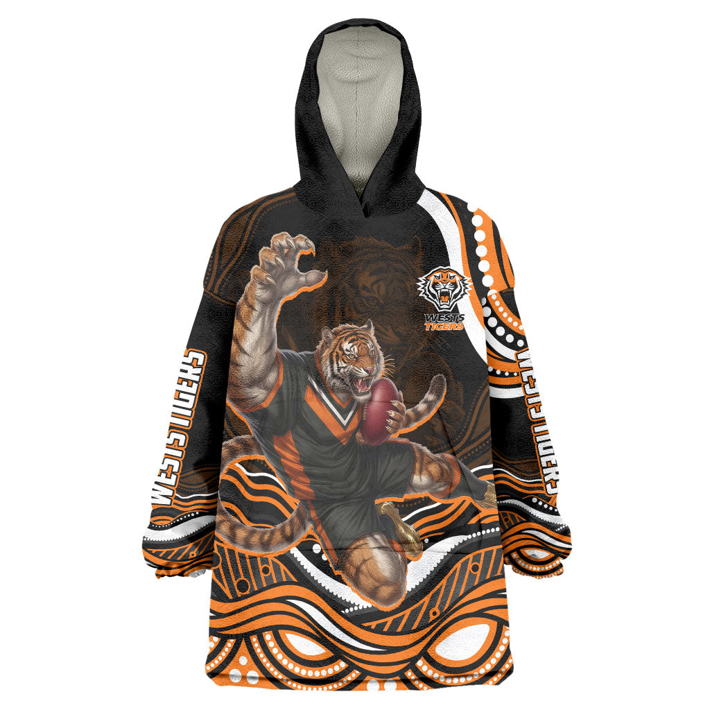 Personalized Wests Tigers Rugby Wearable Blanket Hoodie Aboriginal Dot Art - Dreamtime Rugby Mascot