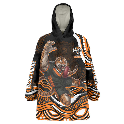 Personalized Wests Tigers Rugby Wearable Blanket Hoodie Aboriginal Dot Art - Dreamtime Rugby Mascot