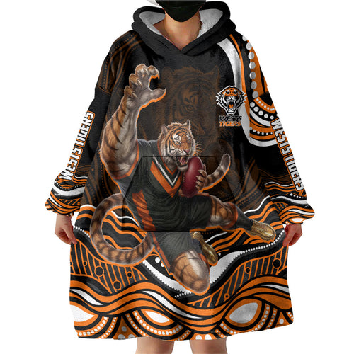 Personalized Wests Tigers Rugby Wearable Blanket Hoodie Aboriginal Dot Art - Dreamtime Rugby Mascot