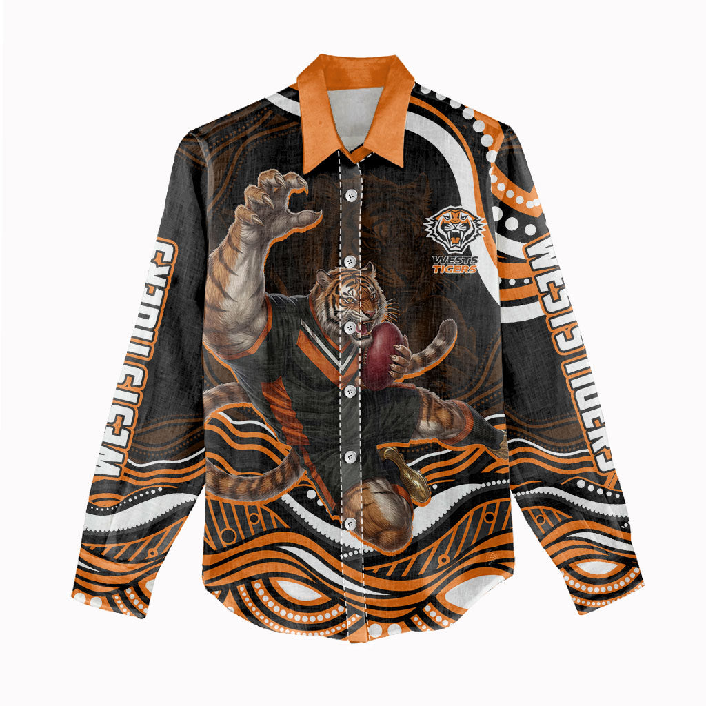 Personalized Wests Tigers Rugby Women Casual Shirt Aboriginal Dot Art - Dreamtime Rugby Mascot