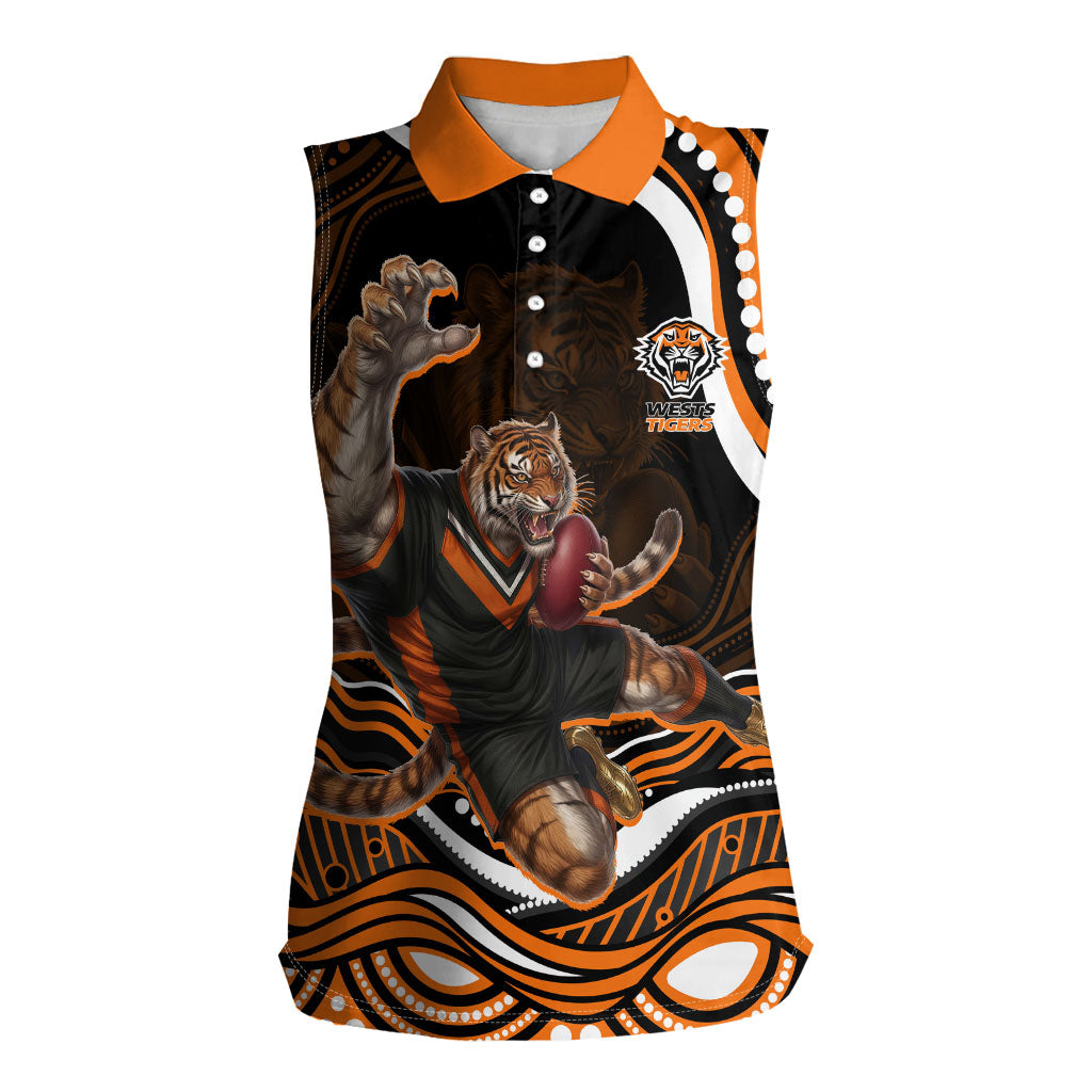 Personalized Wests Tigers Rugby Women Sleeveless Polo Shirt Aboriginal Dot Art - Dreamtime Rugby Mascot