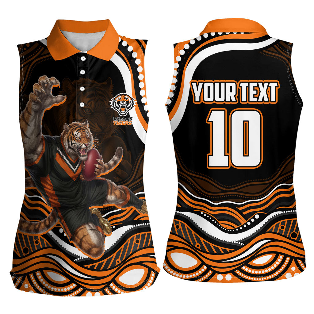 Personalized Wests Tigers Rugby Women Sleeveless Polo Shirt Aboriginal Dot Art - Dreamtime Rugby Mascot