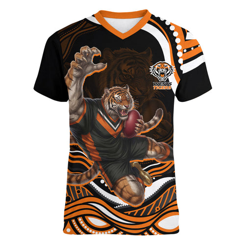 Personalized Wests Tigers Rugby Women V-Neck T-Shirt Aboriginal Dot Art - Dreamtime Rugby Mascot