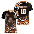 Personalized Wests Tigers Rugby Women V-Neck T-Shirt Aboriginal Dot Art - Dreamtime Rugby Mascot
