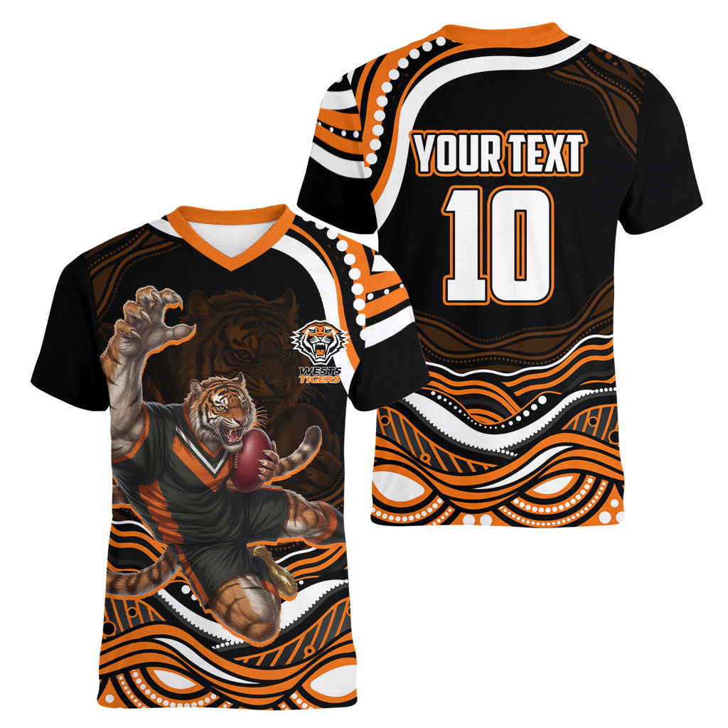 Personalized Wests Tigers Rugby Women V-Neck T-Shirt Aboriginal Dot Art - Dreamtime Rugby Mascot