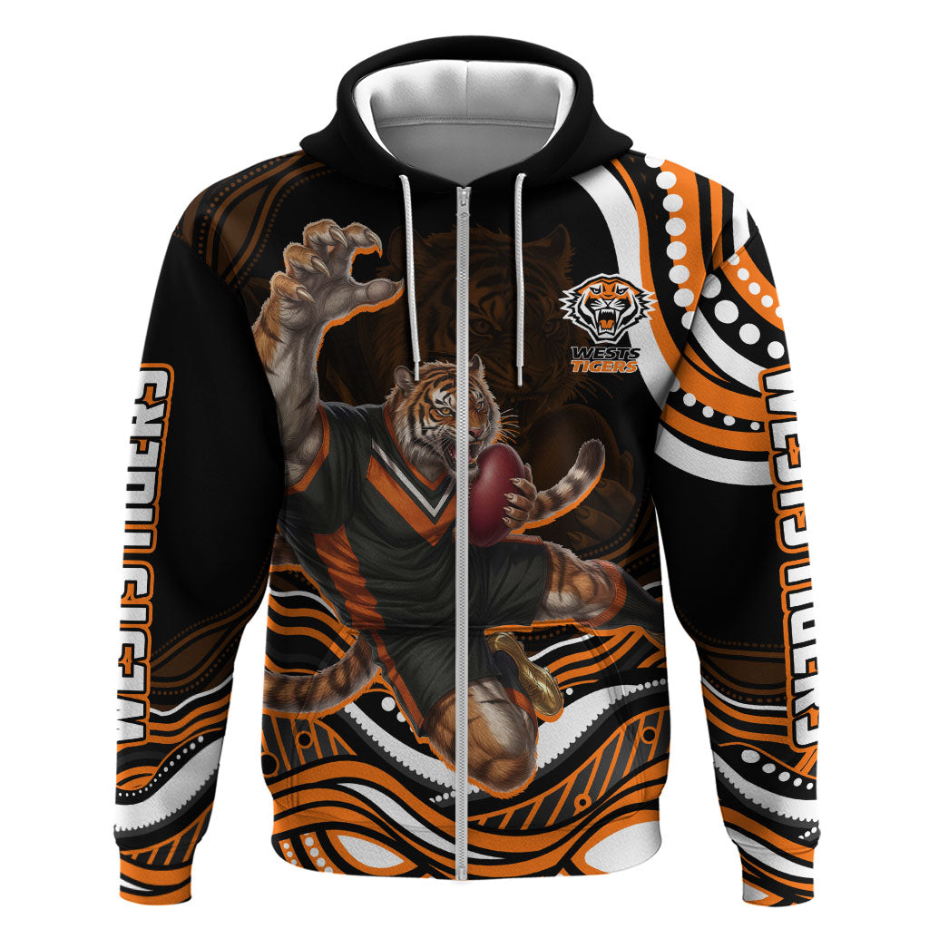Personalized Wests Tigers Rugby Zip Hoodie Aboriginal Dot Art - Dreamtime Rugby Mascot