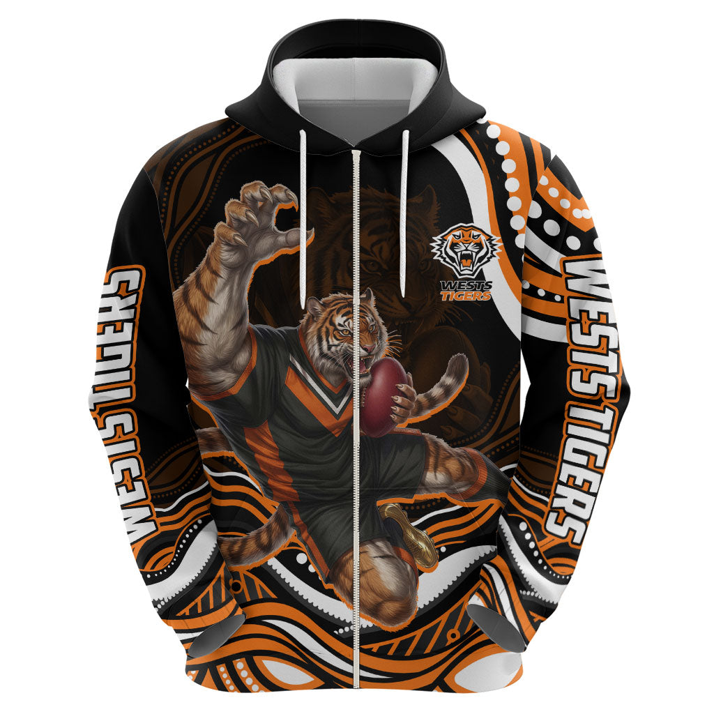 Personalized Wests Tigers Rugby Zip Hoodie Aboriginal Dot Art - Dreamtime Rugby Mascot