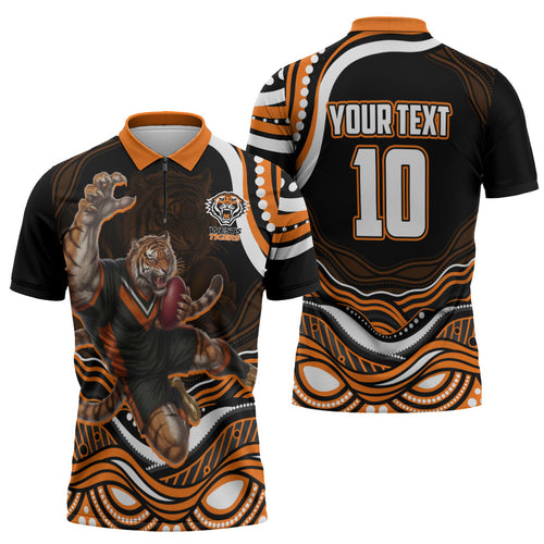 Personalized Wests Tigers Rugby Zipper Polo Shirt Aboriginal Dot Art - Dreamtime Rugby Mascot