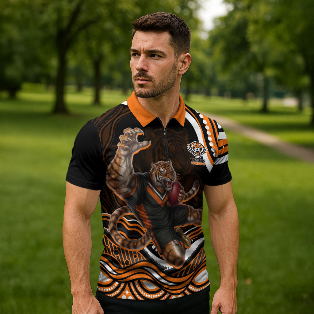 Personalized Wests Tigers Rugby Zipper Polo Shirt Aboriginal Dot Art - Dreamtime Rugby Mascot