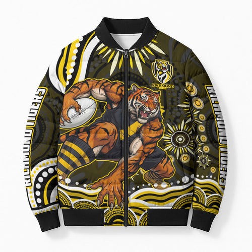 Personalized Richmond Tigers Bomber Puffer Jacket Aboriginal Dot Art - Dreamtime Football Mascot