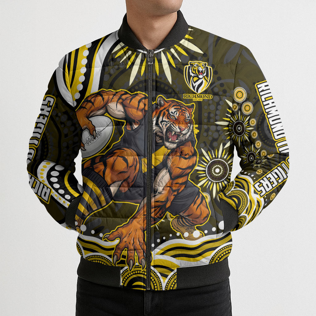 Personalized Richmond Tigers Bomber Puffer Jacket Aboriginal Dot Art - Dreamtime Football Mascot
