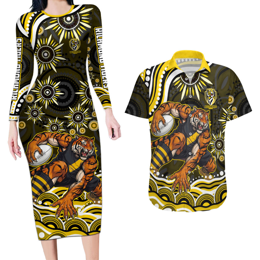 Personalized Richmond Tigers Couples Matching Long Sleeve Bodycon Dress and Hawaiian Shirt Aboriginal Dot Art - Dreamtime Football Mascot