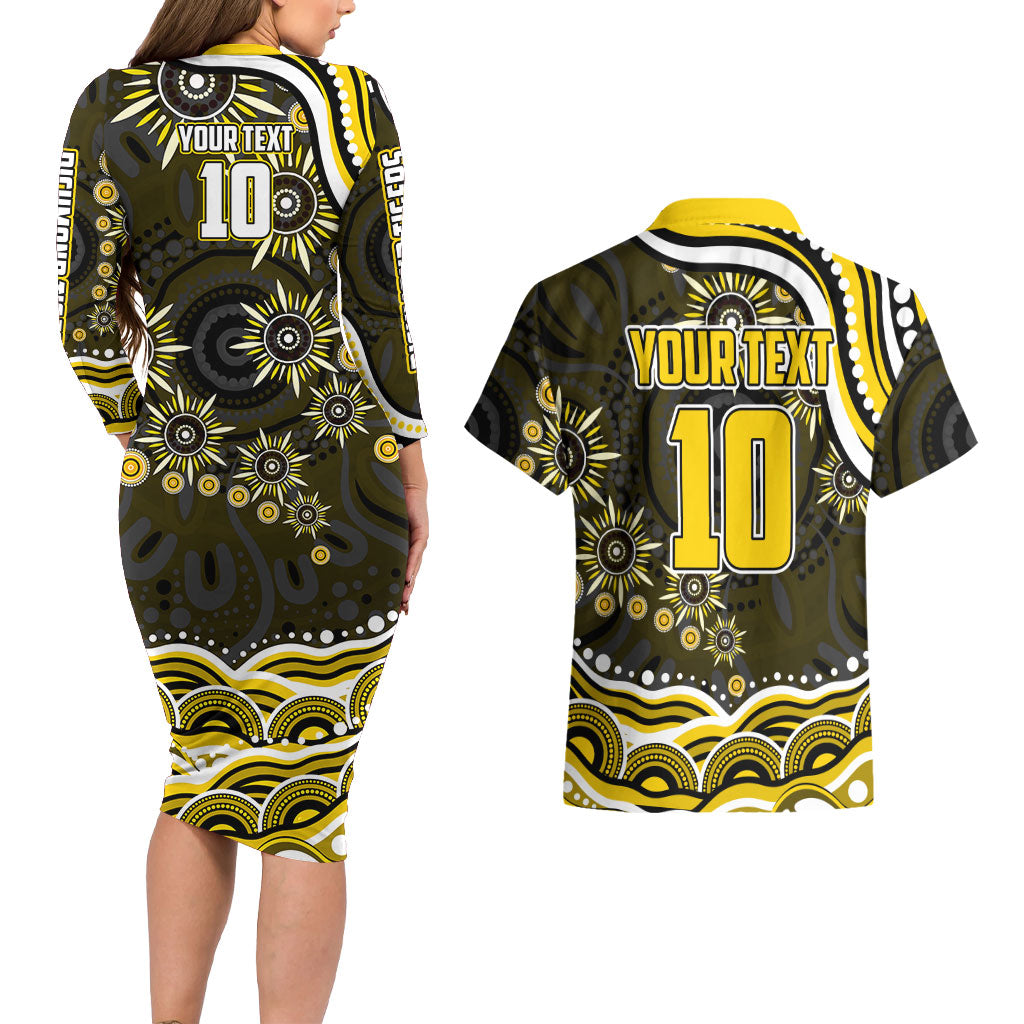 Personalized Richmond Tigers Couples Matching Long Sleeve Bodycon Dress and Hawaiian Shirt Aboriginal Dot Art - Dreamtime Football Mascot