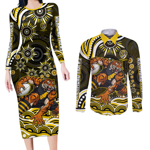 Personalized Richmond Tigers Couples Matching Long Sleeve Bodycon Dress and Long Sleeve Button Shirt Aboriginal Dot Art - Dreamtime Football Mascot