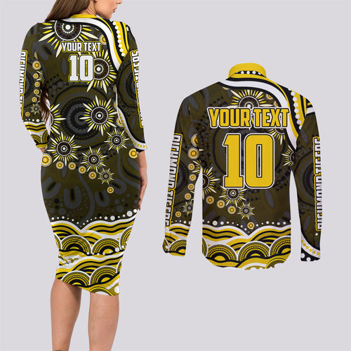 Personalized Richmond Tigers Couples Matching Long Sleeve Bodycon Dress and Long Sleeve Button Shirt Aboriginal Dot Art - Dreamtime Football Mascot