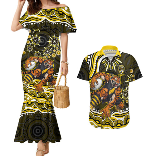 Personalized Richmond Tigers Couples Matching Mermaid Dress and Hawaiian Shirt Aboriginal Dot Art - Dreamtime Football Mascot