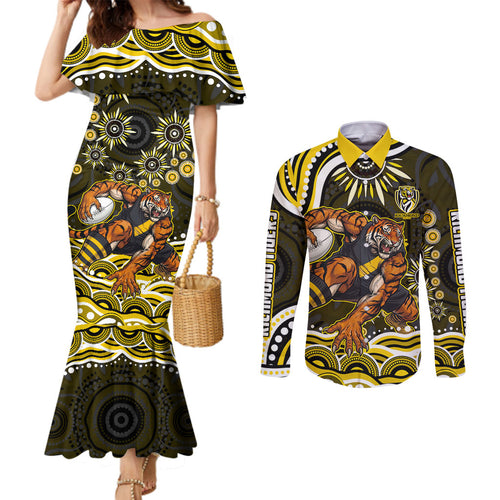 Personalized Richmond Tigers Couples Matching Mermaid Dress and Long Sleeve Button Shirt Aboriginal Dot Art - Dreamtime Football Mascot