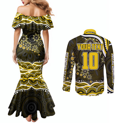Personalized Richmond Tigers Couples Matching Mermaid Dress and Long Sleeve Button Shirt Aboriginal Dot Art - Dreamtime Football Mascot