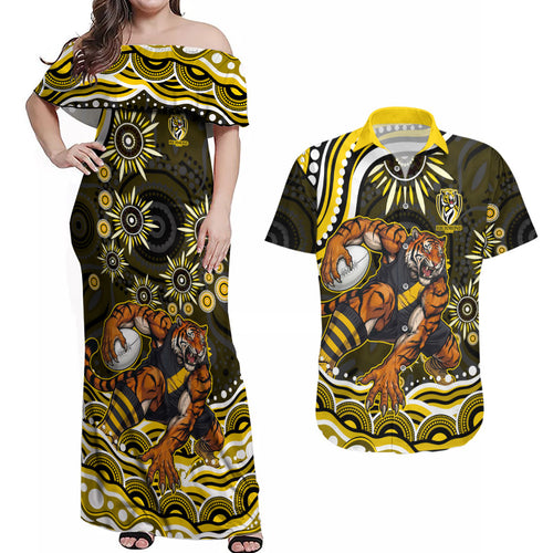 Personalized Richmond Tigers Couples Matching Off Shoulder Maxi Dress and Hawaiian Shirt Aboriginal Dot Art - Dreamtime Football Mascot
