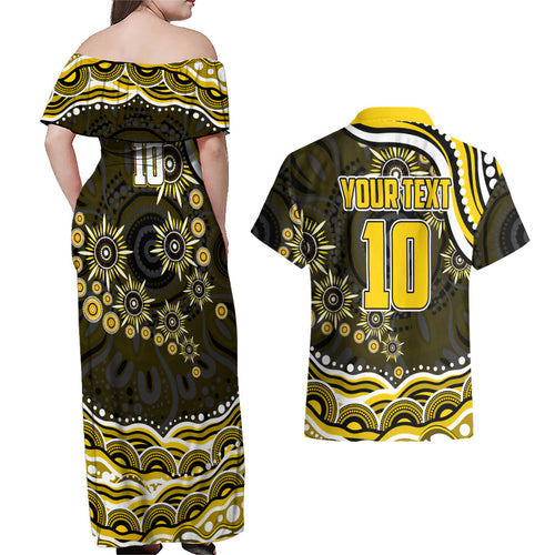 Personalized Richmond Tigers Couples Matching Off Shoulder Maxi Dress and Hawaiian Shirt Aboriginal Dot Art - Dreamtime Football Mascot
