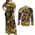 Personalized Richmond Tigers Couples Matching Off Shoulder Maxi Dress and Long Sleeve Button Shirt Aboriginal Dot Art - Dreamtime Football Mascot