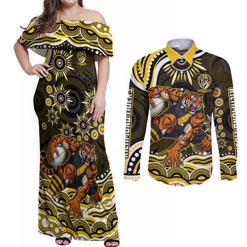 Personalized Richmond Tigers Couples Matching Off Shoulder Maxi Dress and Long Sleeve Button Shirt Aboriginal Dot Art - Dreamtime Football Mascot