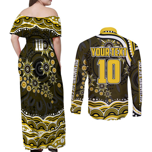 Personalized Richmond Tigers Couples Matching Off Shoulder Maxi Dress and Long Sleeve Button Shirt Aboriginal Dot Art - Dreamtime Football Mascot
