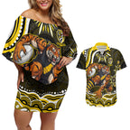 Personalized Richmond Tigers Couples Matching Off Shoulder Short Dress and Hawaiian Shirt Aboriginal Dot Art - Dreamtime Football Mascot