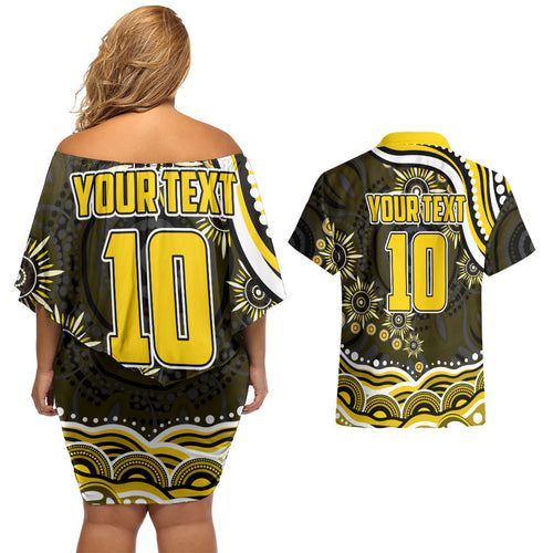 Personalized Richmond Tigers Couples Matching Off Shoulder Short Dress and Hawaiian Shirt Aboriginal Dot Art - Dreamtime Football Mascot