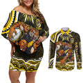 Personalized Richmond Tigers Couples Matching Off Shoulder Short Dress and Long Sleeve Button Shirt Aboriginal Dot Art - Dreamtime Football Mascot