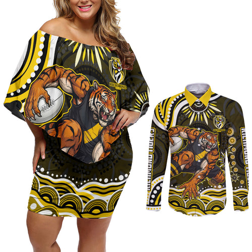 Personalized Richmond Tigers Couples Matching Off Shoulder Short Dress and Long Sleeve Button Shirt Aboriginal Dot Art - Dreamtime Football Mascot