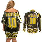 Personalized Richmond Tigers Couples Matching Off Shoulder Short Dress and Long Sleeve Button Shirt Aboriginal Dot Art - Dreamtime Football Mascot