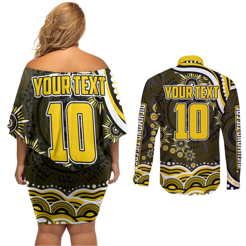 Personalized Richmond Tigers Couples Matching Off Shoulder Short Dress and Long Sleeve Button Shirt Aboriginal Dot Art - Dreamtime Football Mascot