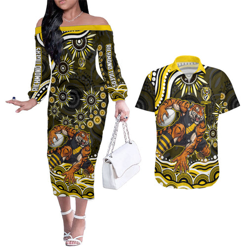 Personalized Richmond Tigers Couples Matching Off The Shoulder Long Sleeve Dress and Hawaiian Shirt Aboriginal Dot Art - Dreamtime Football Mascot