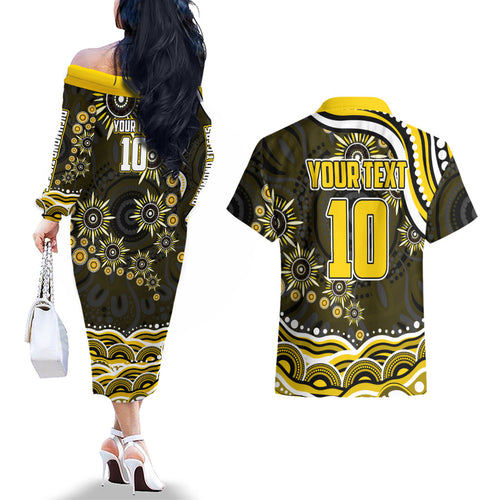 Personalized Richmond Tigers Couples Matching Off The Shoulder Long Sleeve Dress and Hawaiian Shirt Aboriginal Dot Art - Dreamtime Football Mascot