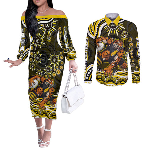 Personalized Richmond Tigers Couples Matching Off The Shoulder Long Sleeve Dress and Long Sleeve Button Shirt Aboriginal Dot Art - Dreamtime Football Mascot