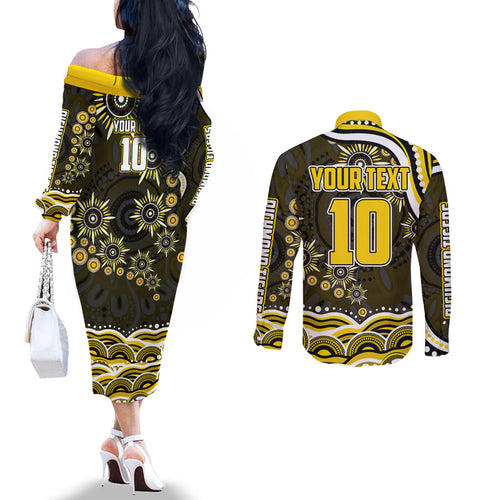 Personalized Richmond Tigers Couples Matching Off The Shoulder Long Sleeve Dress and Long Sleeve Button Shirt Aboriginal Dot Art - Dreamtime Football Mascot