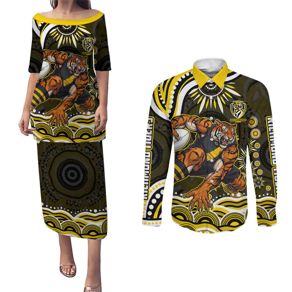 Personalized Richmond Tigers Couples Matching Puletasi and Long Sleeve Button Shirt Aboriginal Dot Art - Dreamtime Football Mascot